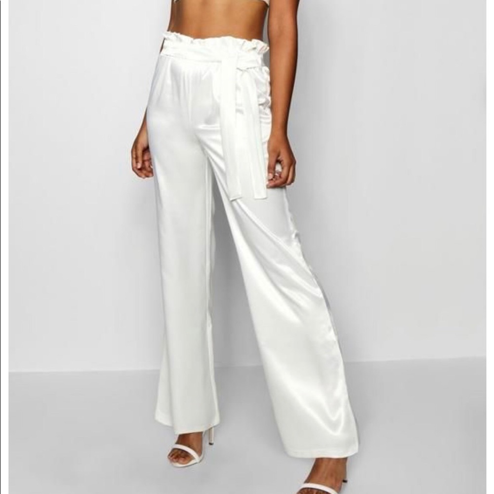 White satin wide leg trouser